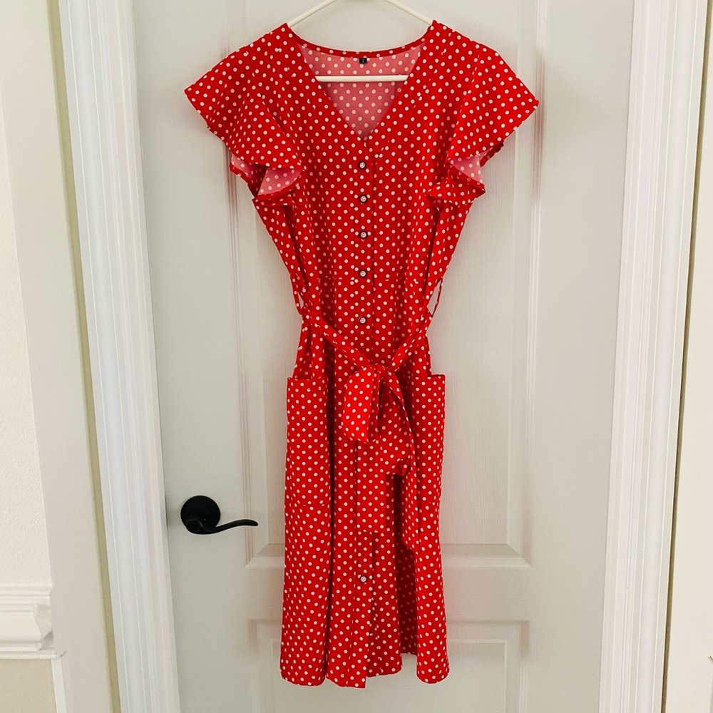 Red Polka Dot Midi Dress Small Flutter Sleeve Tie Waist Pockets V-Neck